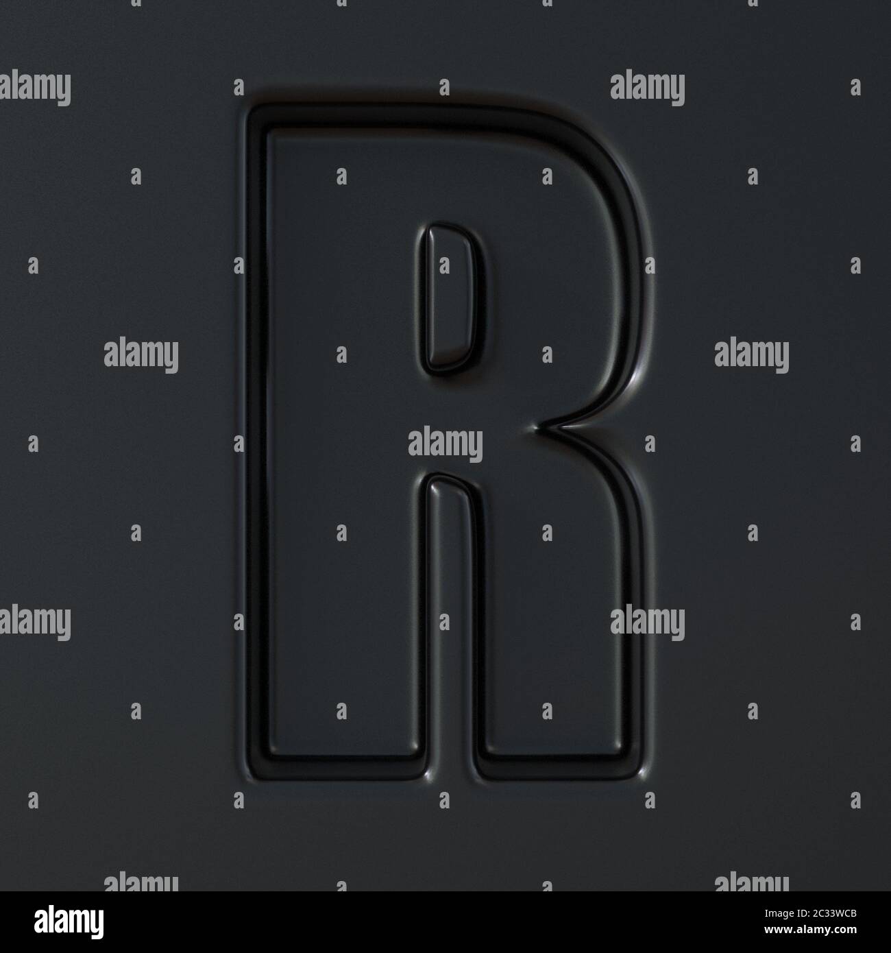 Black engraved font Letter R 3D render illustration on black background ...