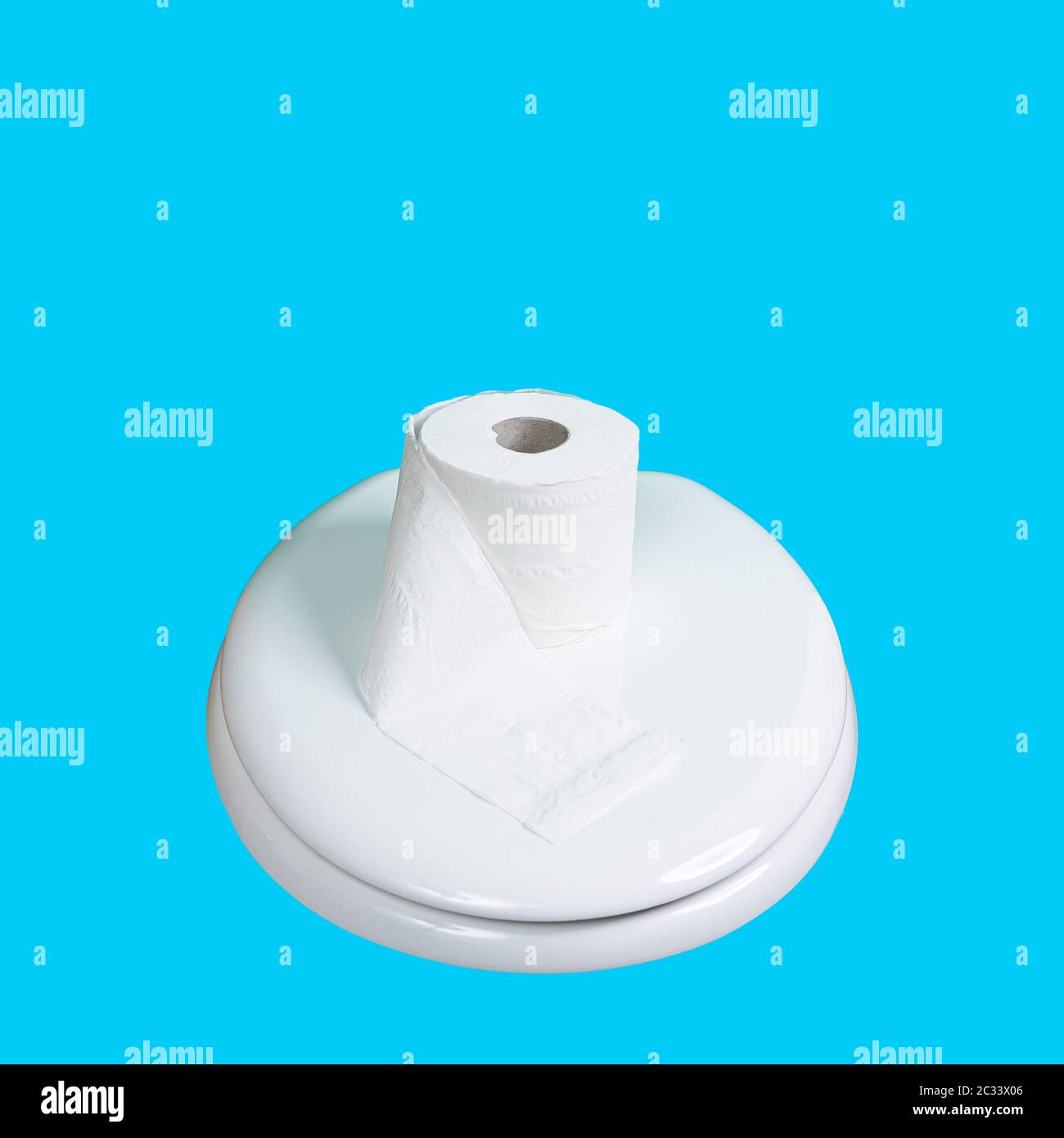 a roll of toilet paper resting on the toilet seat Stock Photo