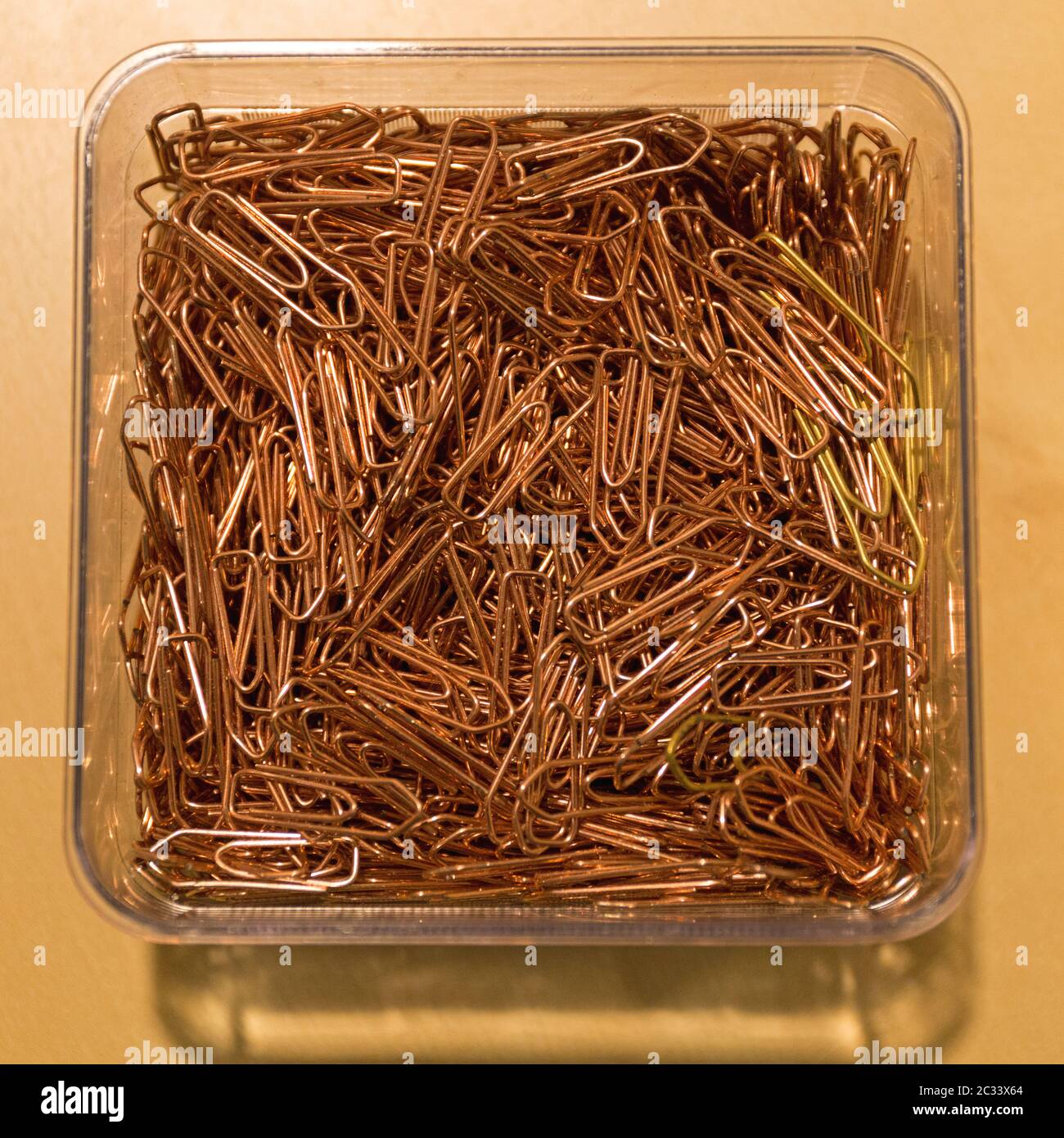 Bunch of Paper Clips in Box at Desk Stock Photo