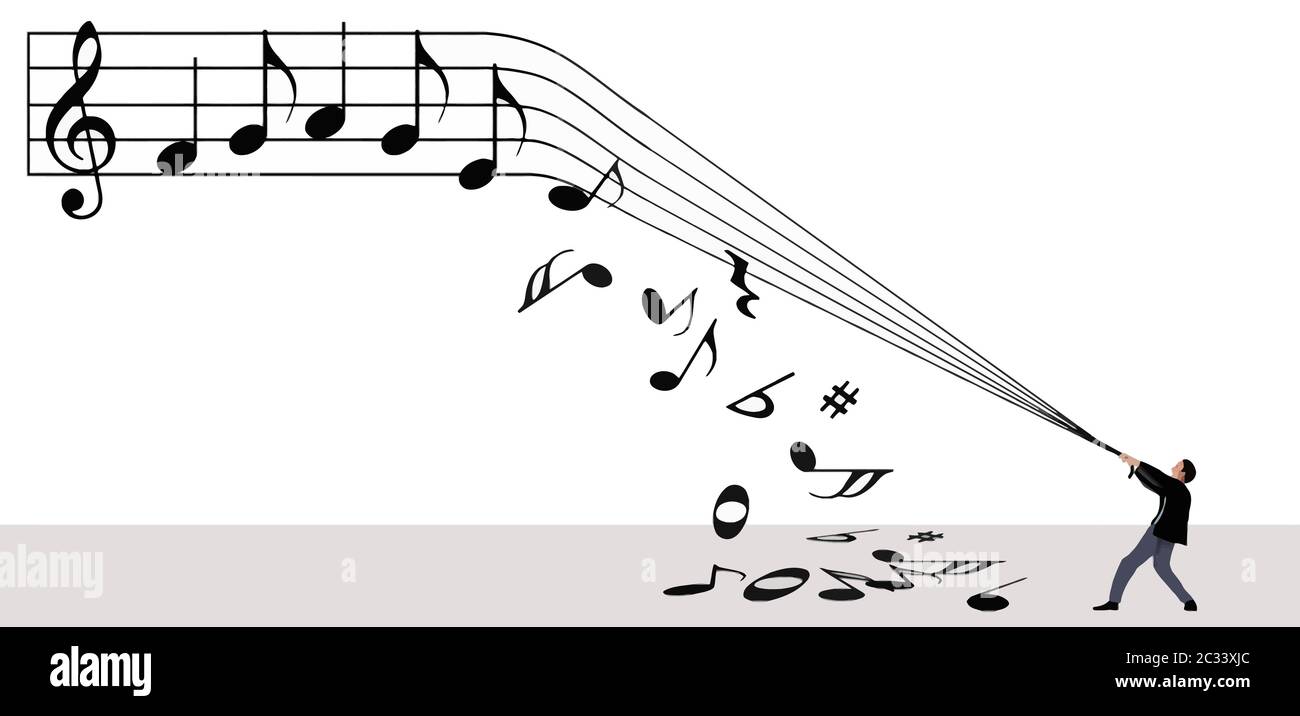 A man pulls on the lines of a musical staff knocking notes off the staff and onto the ground as he tries to download music. Stock Vector