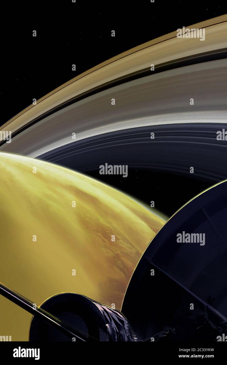 Washington, United States. 18th June, 2020. This illustration imagines the view from NASA's Cassini spacecraft during one of its final dives between Saturn and its innermost rings, as part of the mission's Grand Finale. Cassini made 22 orbits that swooped between the rings and the planet before ending its mission on September 15, 2017, with a final plunge into Saturn. NASA/UPI Credit: UPI/Alamy Live News Stock Photo