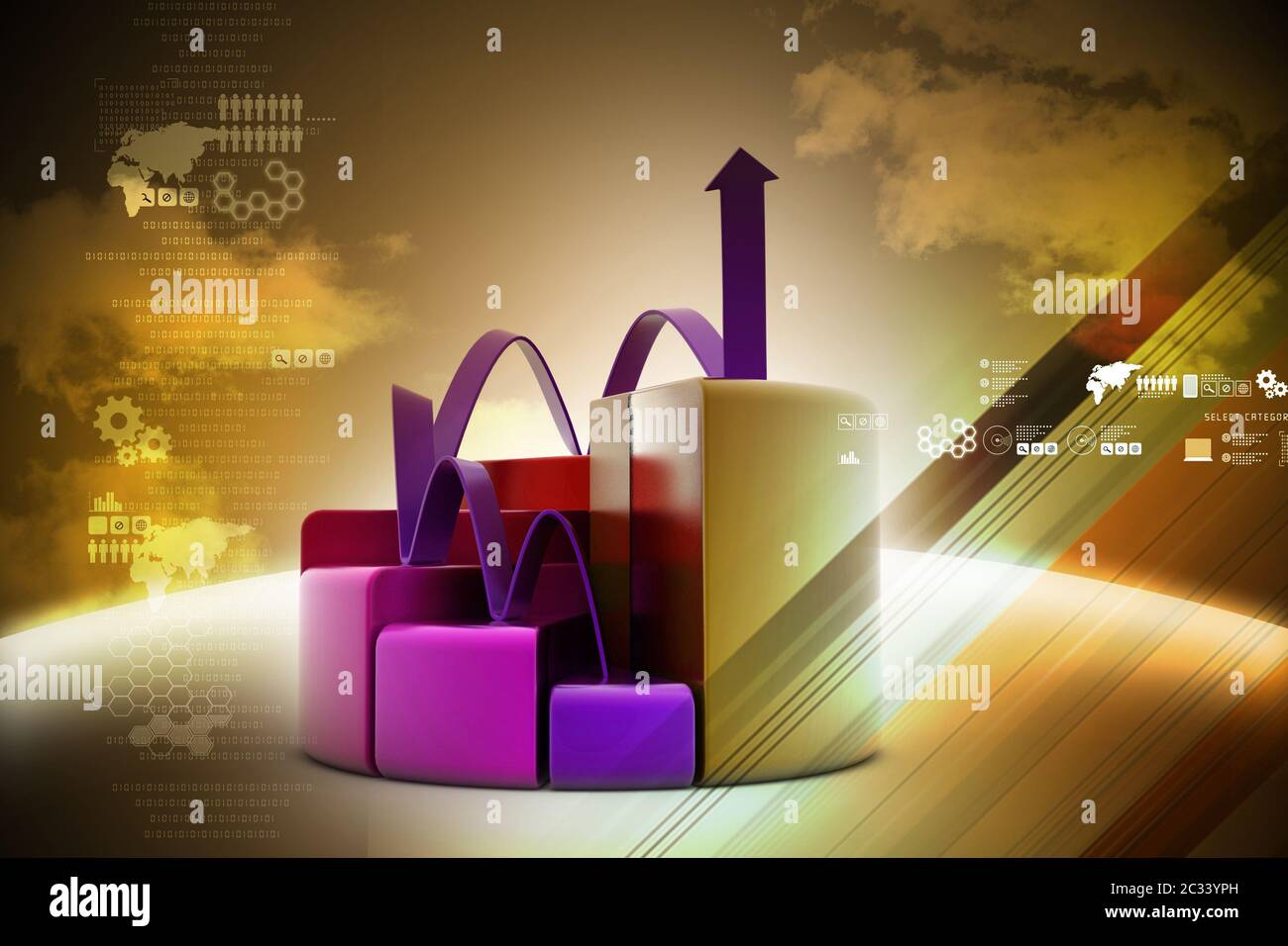 finance pie and bar chart graphs with growing arrow Stock Photo - Alamy