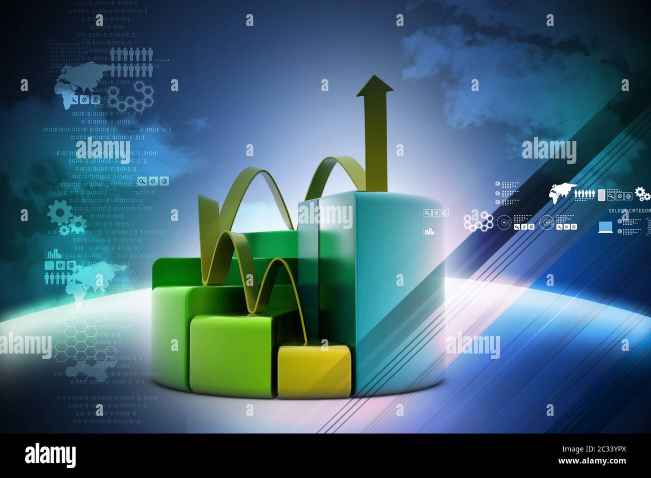 finance pie and bar chart graphs with growing arrow Stock Photo - Alamy