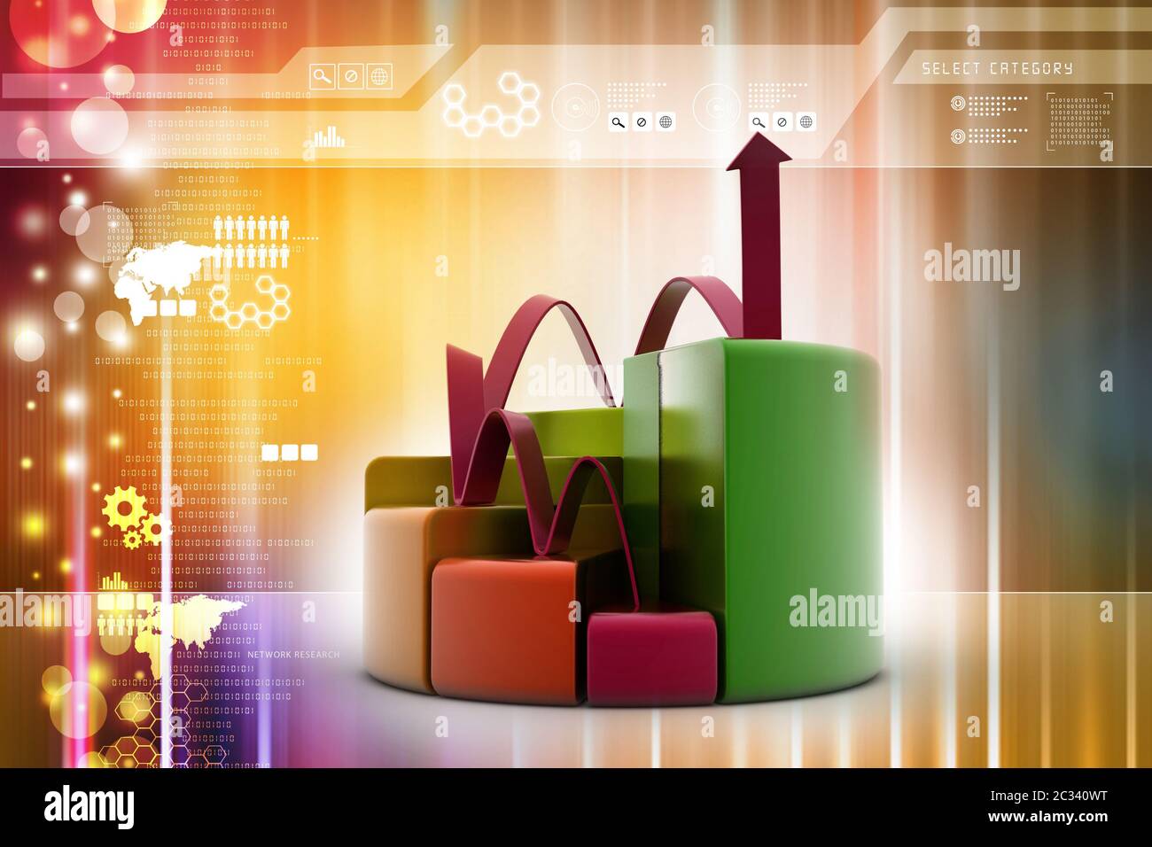 finance pie and bar chart graphs with growing arrow Stock Photo - Alamy