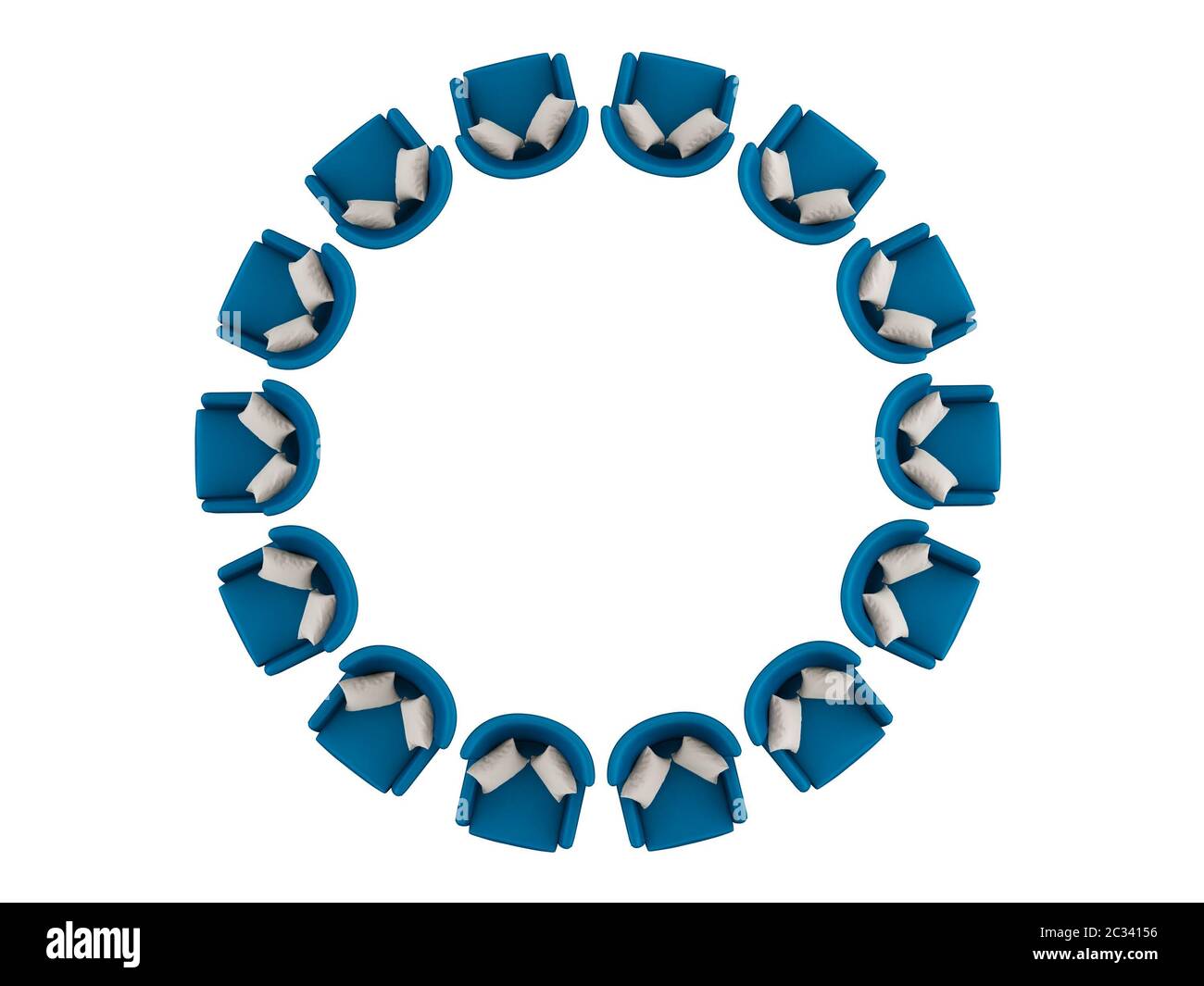Soft blue chair with two pillows stands in a circle on a white