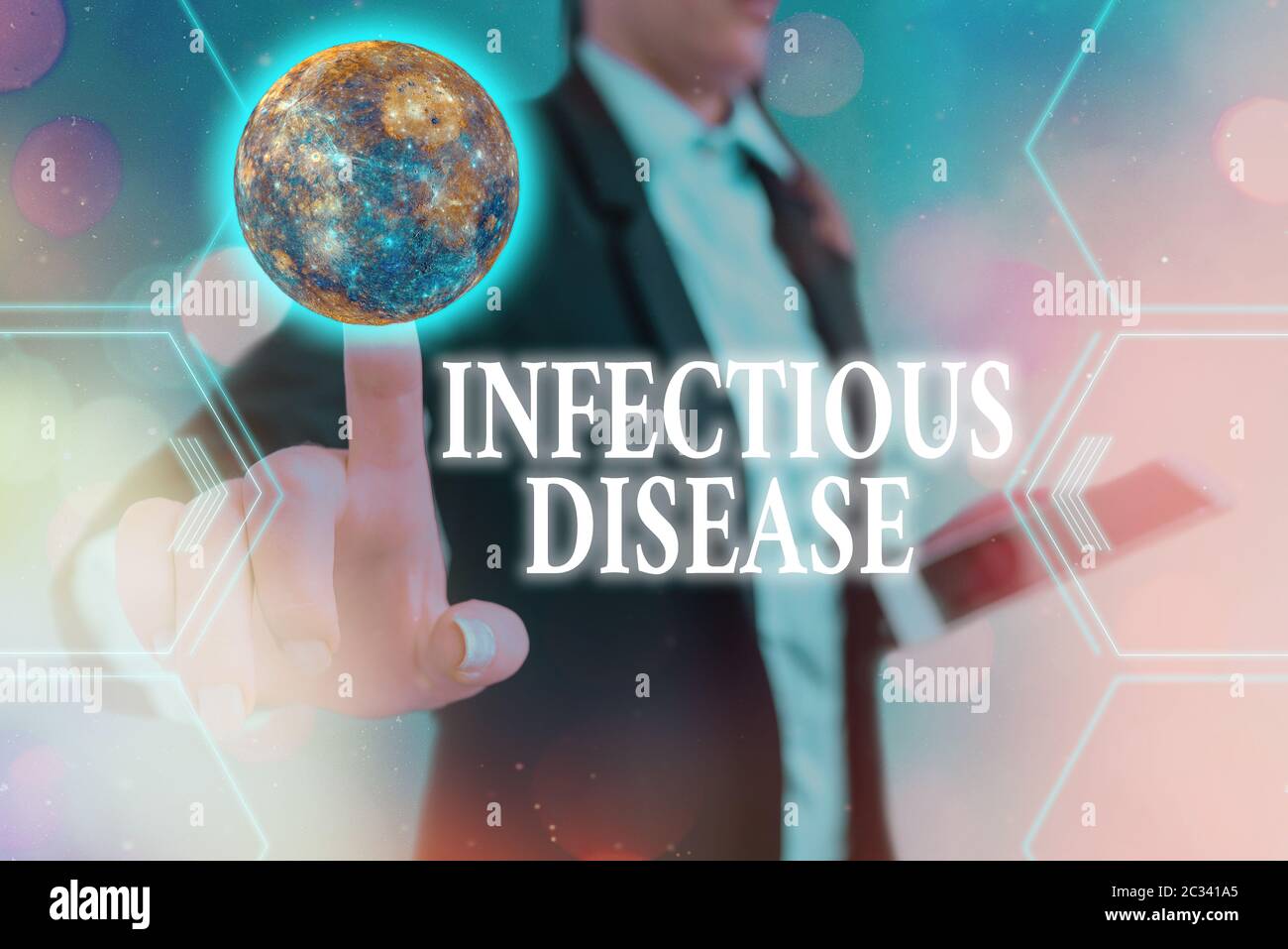 Handwriting text Infectious Disease. Conceptual photo caused by pathogenic microorganism, such as viruses, etc Futuristic icons solar system. Elements Stock Photo