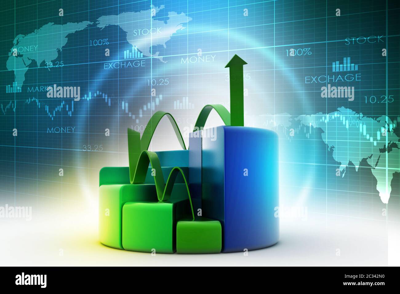 finance pie and bar chart graphs with growing arrow Stock Photo - Alamy