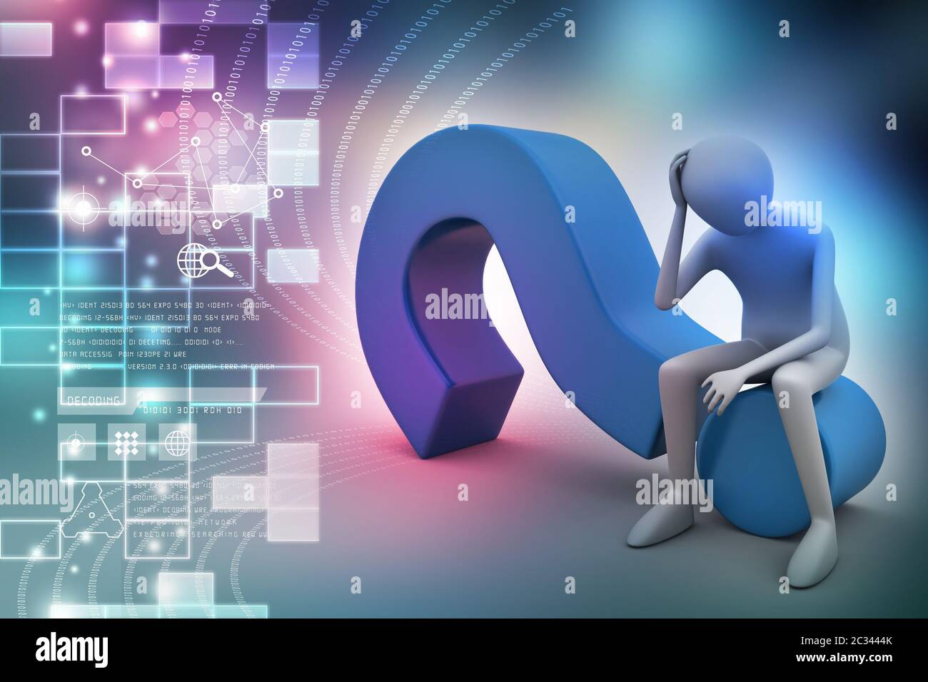 3d man sitting on the question mark Stock Photo - Alamy