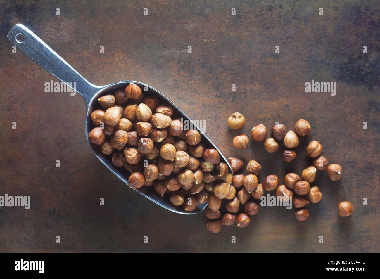 Hazelnuts In A Metal Shovel Stock Photo