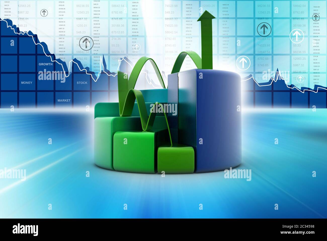 finance pie and bar chart graphs with growing arrow Stock Photo - Alamy