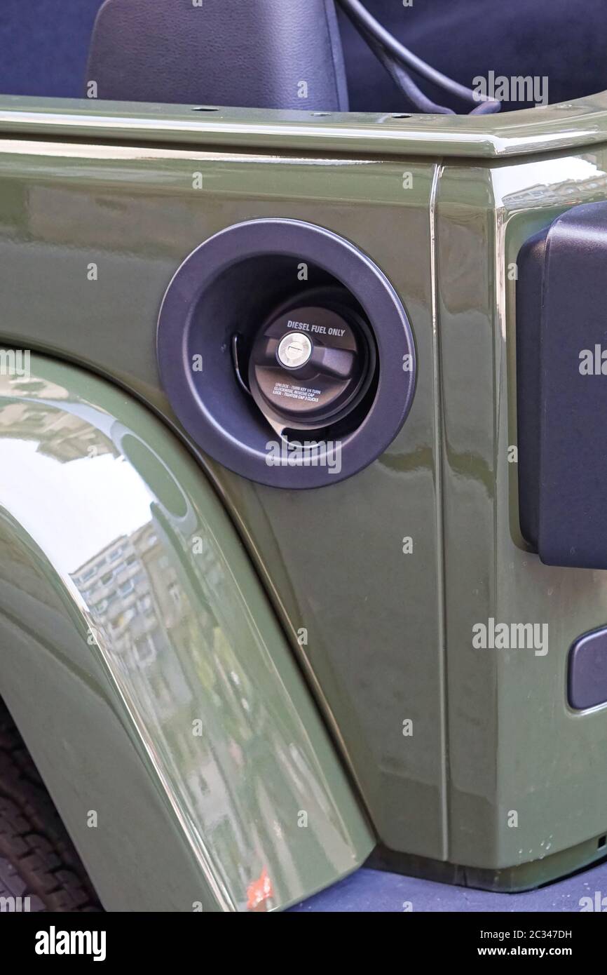 Diesel fuel only warning at green suv Stock Photo Alamy