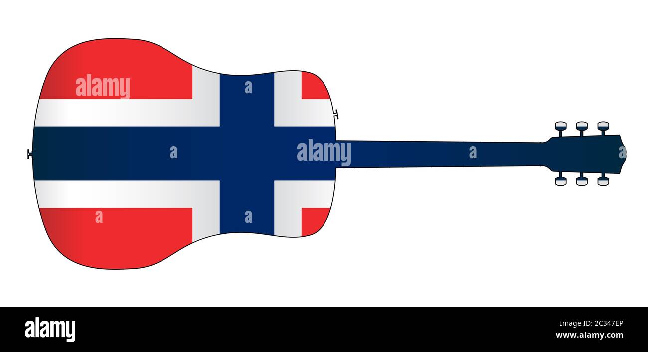 A typical acoustic guitar silhouette isolated over a white background with a Norway flag Stock Photo