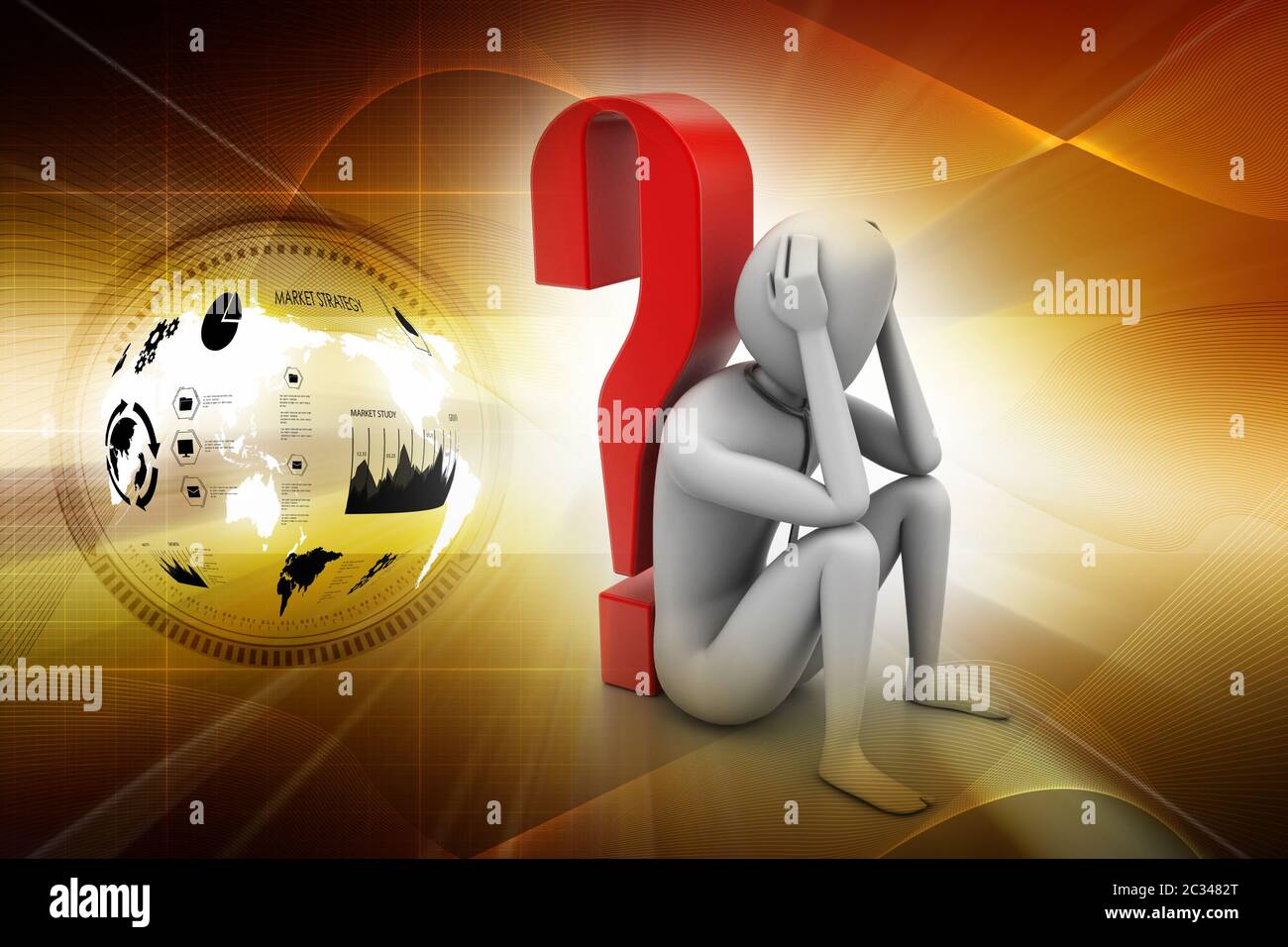 3d man sitting near the question mark Stock Photo - Alamy