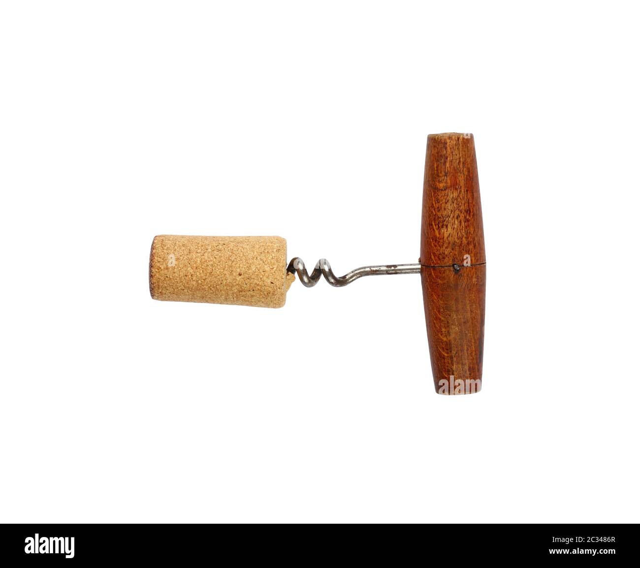 One old vintage wooden corkscrew bottle opener with red wine cork