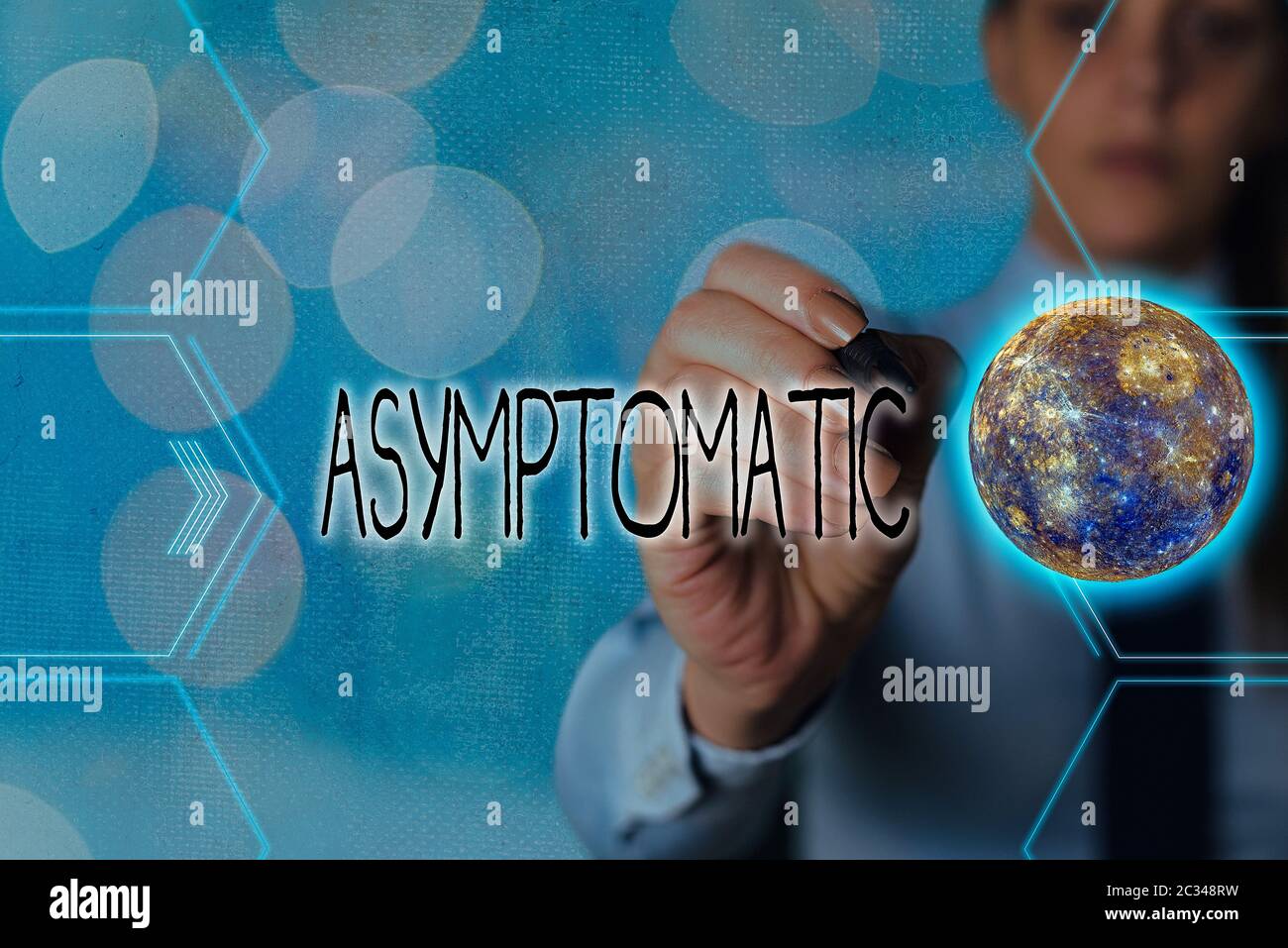 Handwriting text writing Asymptomatic. Conceptual photo a condition or an individual producing or showing no symptoms Futuristic icons solar system. E Stock Photo