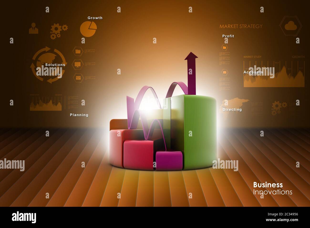 finance pie and bar chart graphs with growing arrow Stock Photo - Alamy