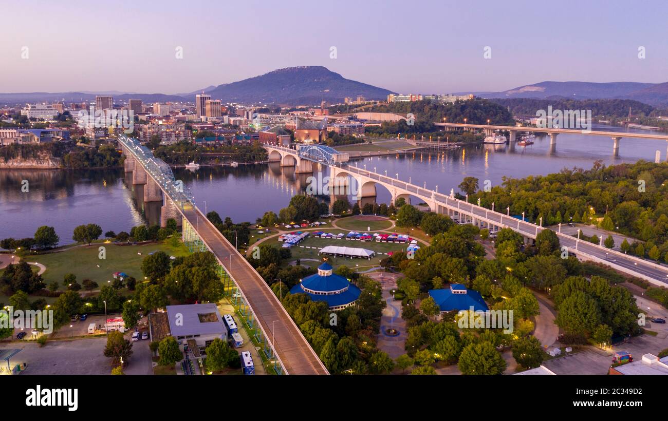 Aerial view of a bend in the Tennessee River flowing around beautiful Chatanooga TN Stock Photo