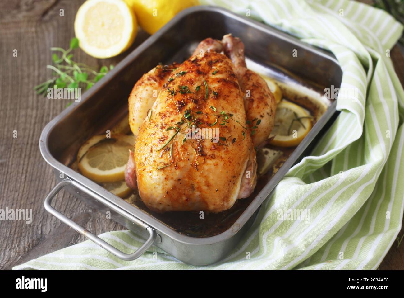 Roast Chicken In An Oven Dish Stock Photo Alamy