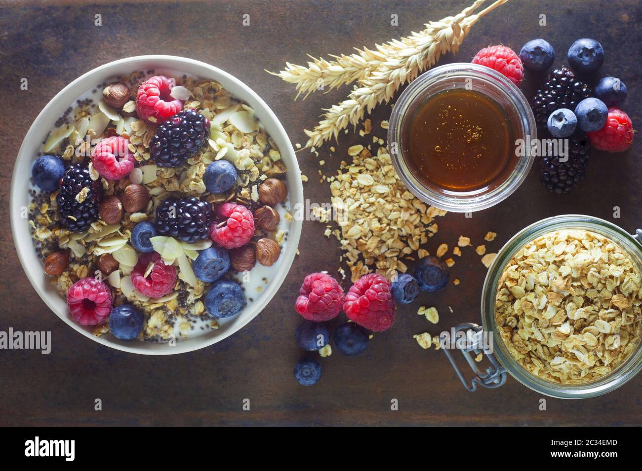 Fruit Muesli With Ingredients On A Metal Background Stock Photo