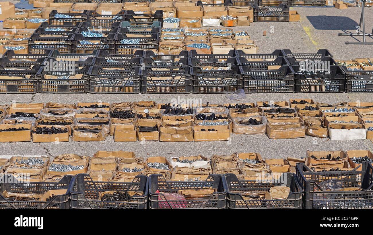 Hardware material in crates and boxes Stock Photo Alamy