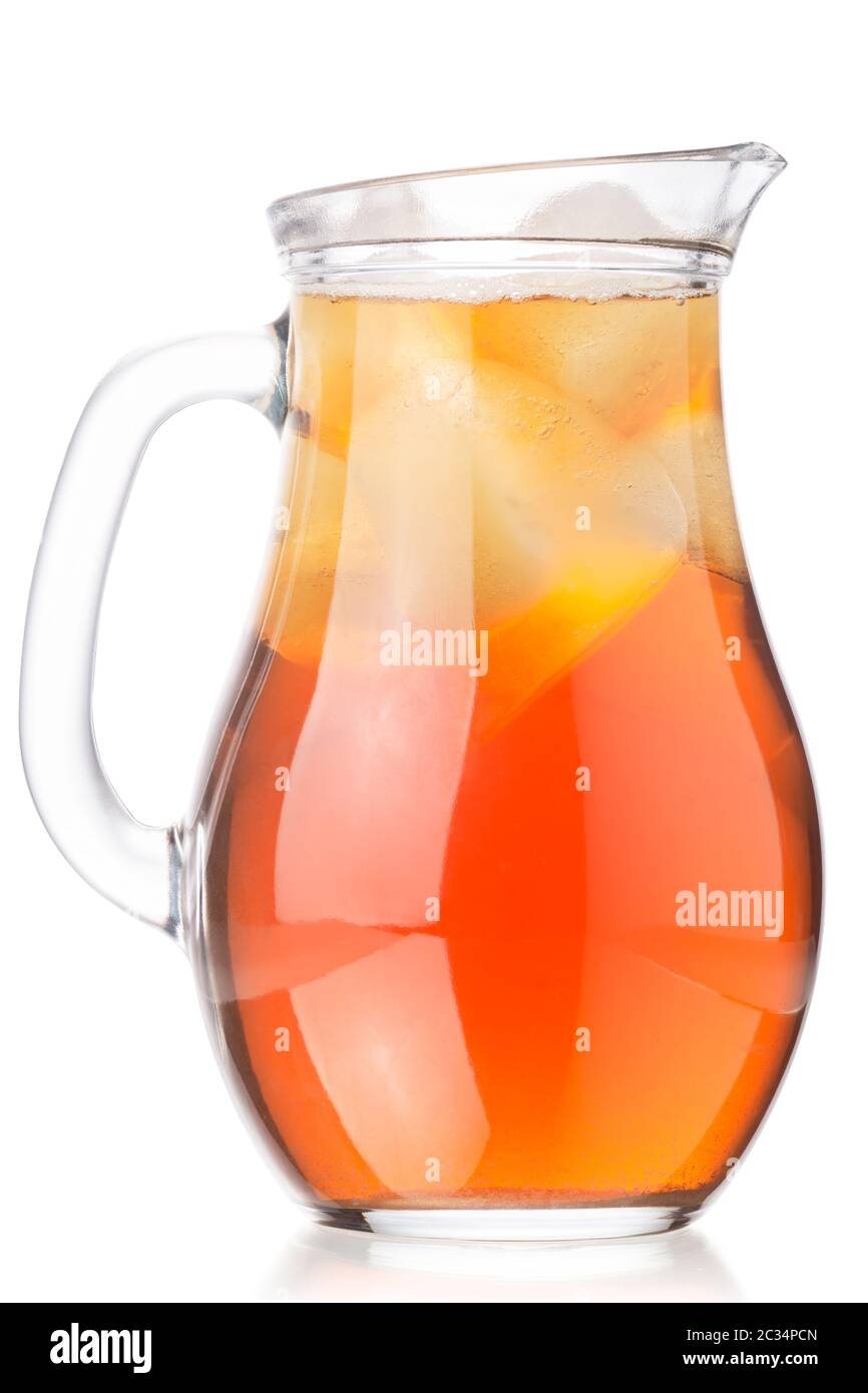 Glass pitcher of iced Kombucha, a fermented tea mushroom drink