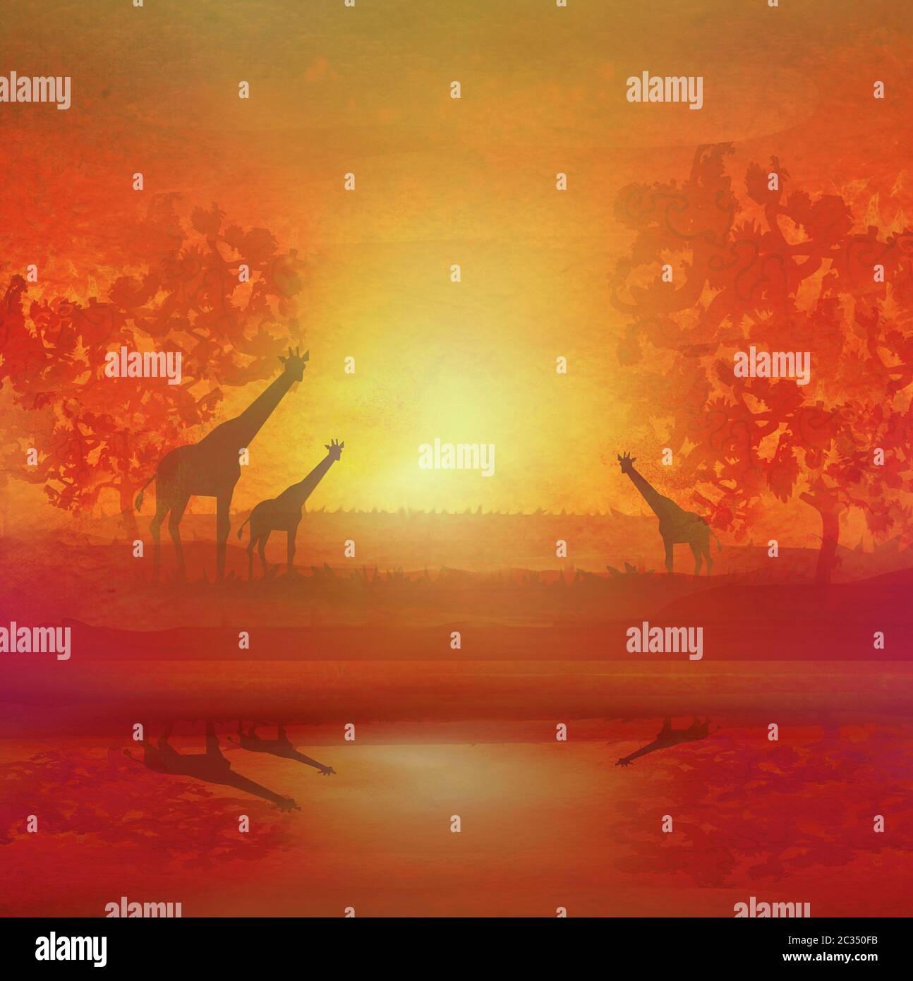 illustration of wild giraffes in African savanna Stock Photo - Alamy