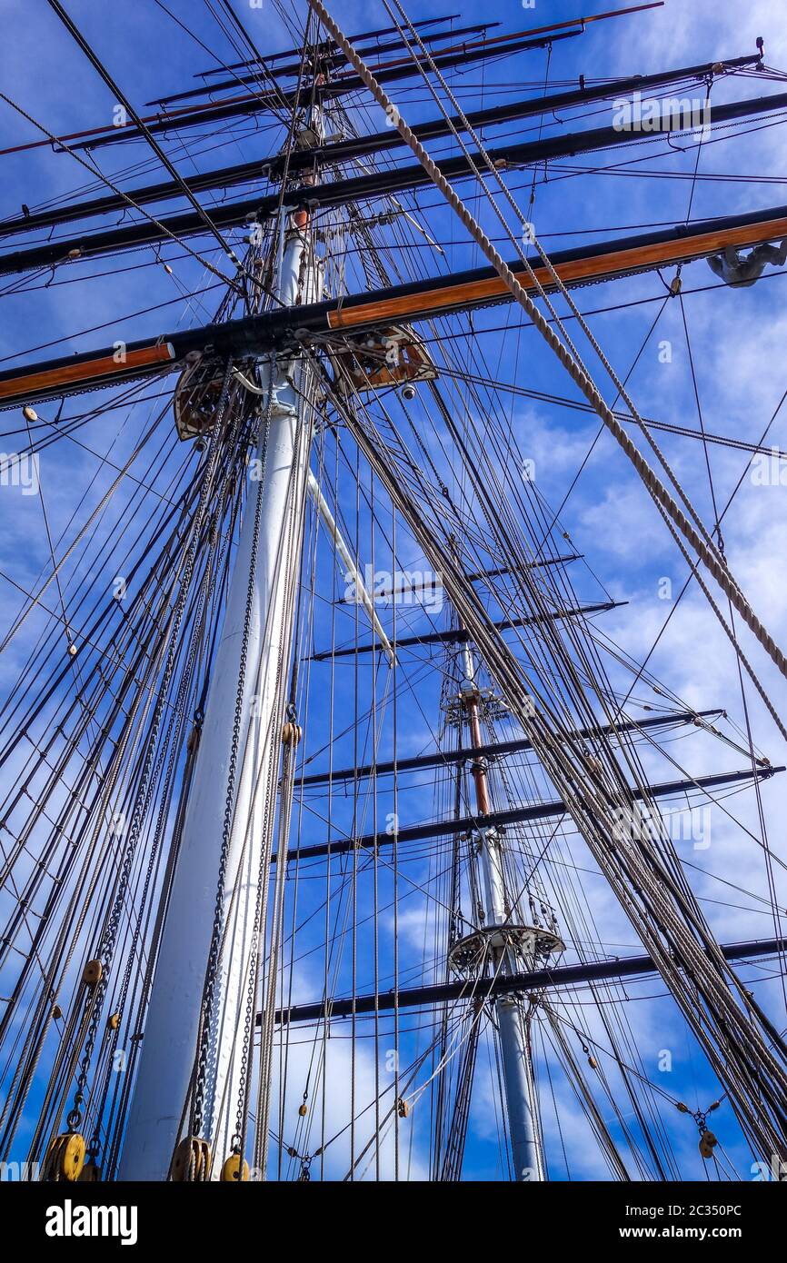 Old naval ship mast and sail ropes detail Stock Photo