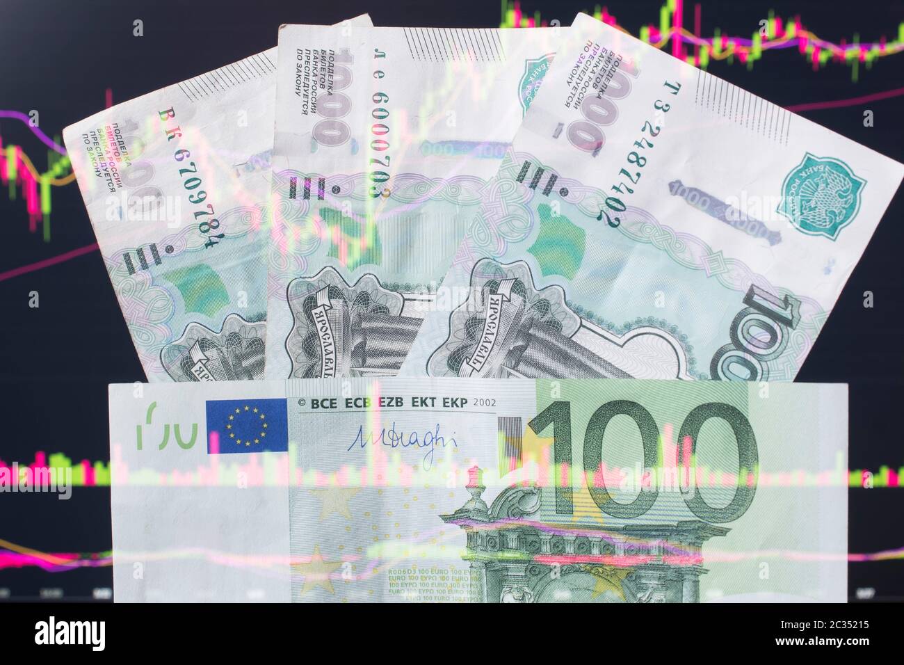 Russian rubles and Euros against the background of the exchange's trading schedule. Trading stocks, bonds, and securities on the stock exchange. A tra Stock Photo