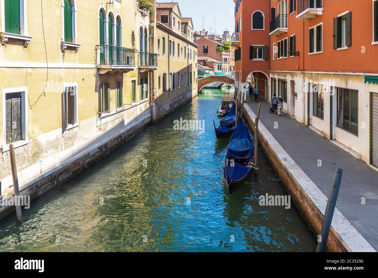 Venice canal with gondolas, peaceful view, Italy. Stock Photo
