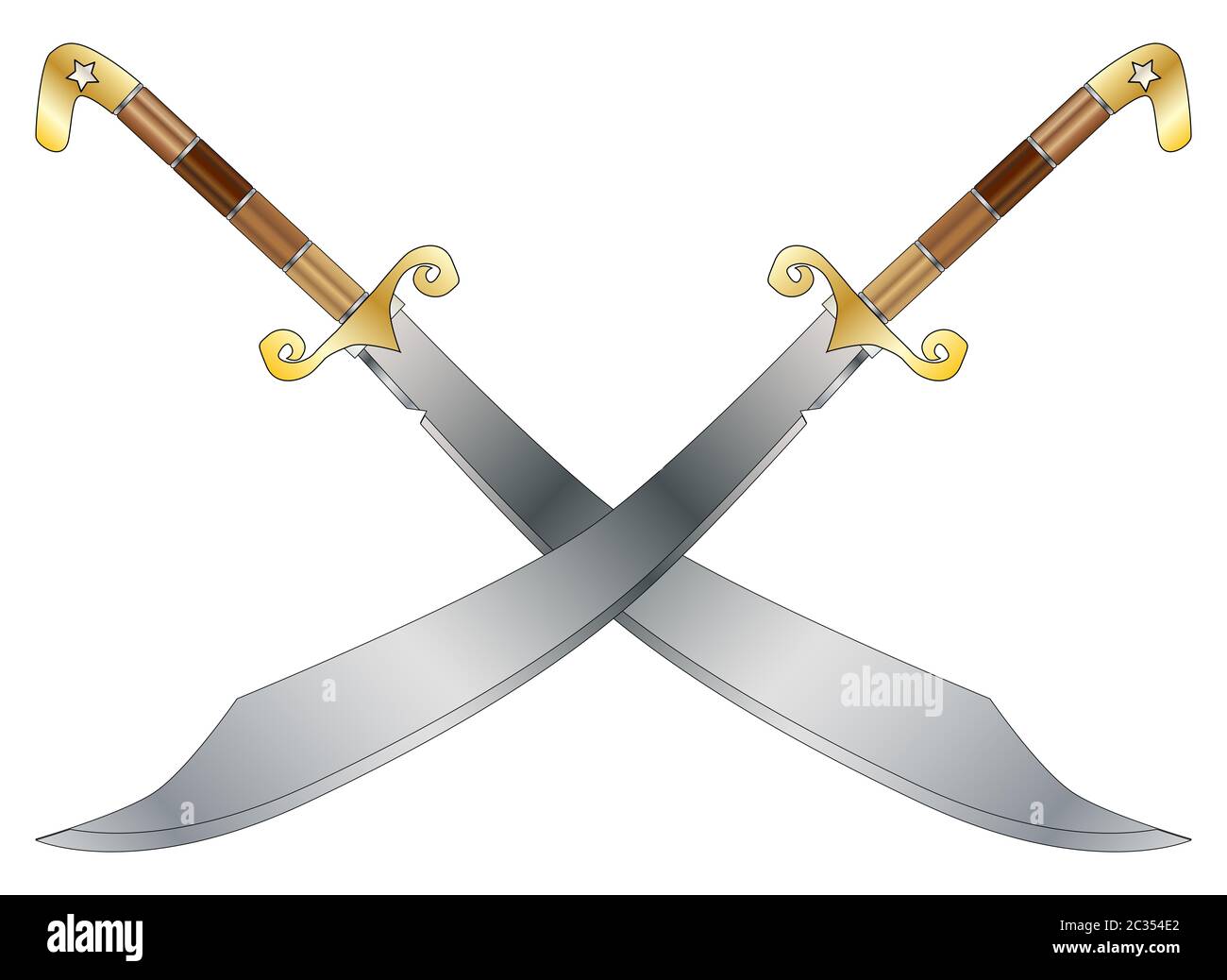 Two crossed scimitar sword as used by arabian warriors in the crusades and other wars isolated on white Stock Photo