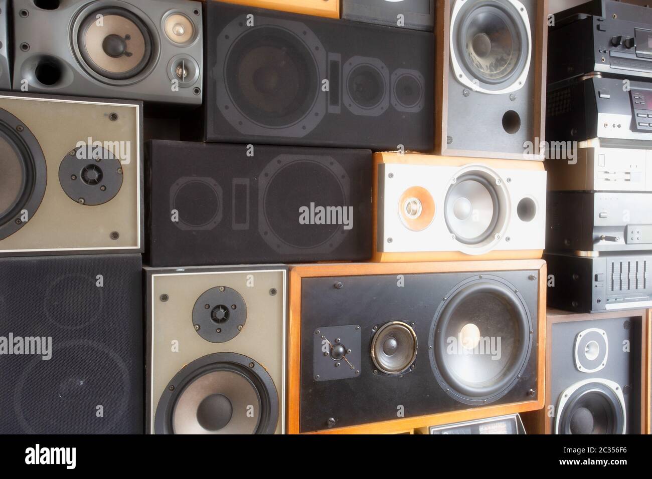 Music sound speakers hanging on the wall in retro vintage style, stacked  sound boxes modern vintage Stock Photo - Alamy