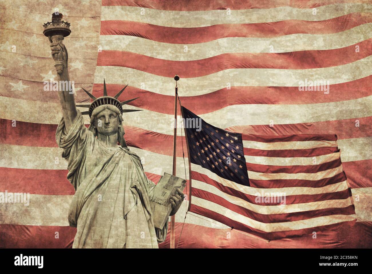 Dirty vintage collage of Lady Liberty and American flag in the  background. Stock Photo