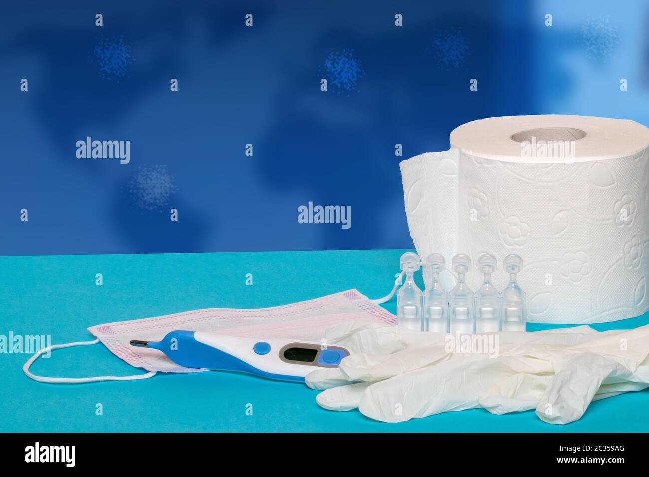 Coronavirus. Closeup of a roll toilet paper, a surgical mask, ampoules