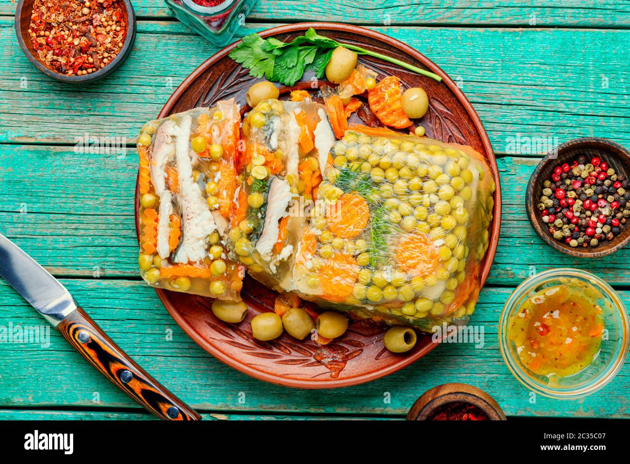 Jellied, cold dish of fish, filled with gelatinous broth.Russian national cuisine Stock Photo