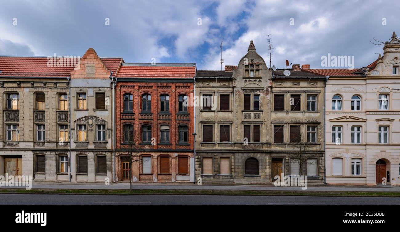 Partly renovated old building facades in Wittenberge Stock Photo