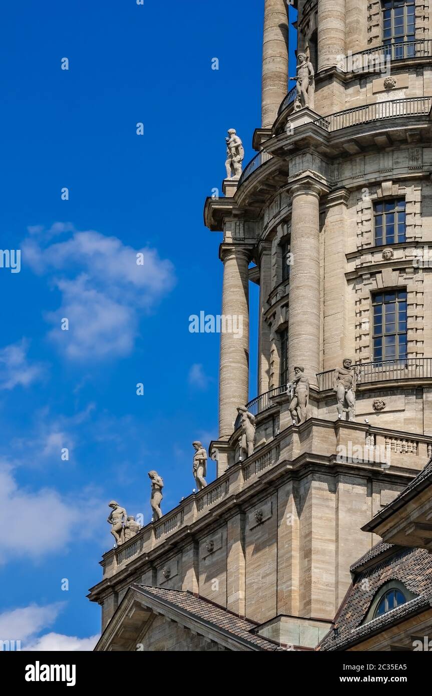 Allegories of the civic virtues on the tower of the Altes Stadthaus (Old City Hall) Stock Photo