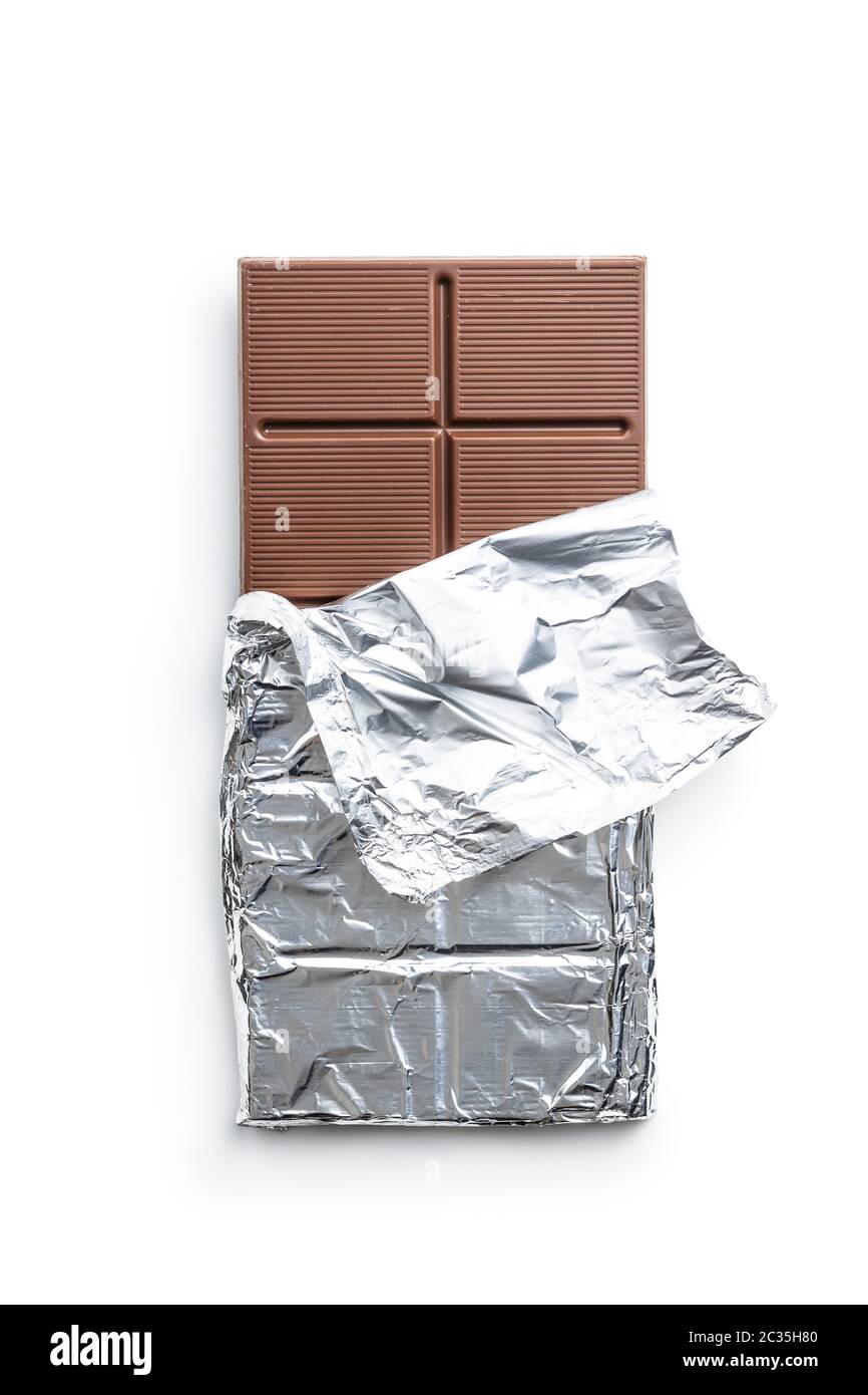 Wrapped chocolate bar in aluminum foil isolated on white background