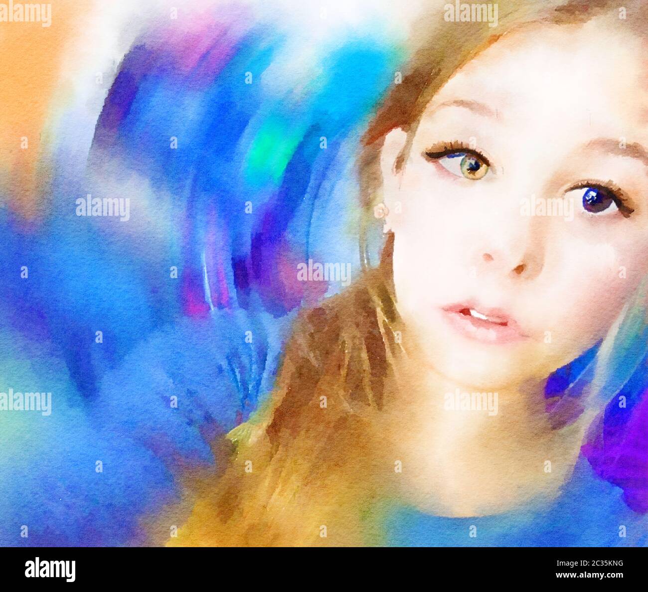 A young girl with two colors of eyes (heterochromia) is seen in this watercolor illustration with copy space and a colorful background. Stock Photo