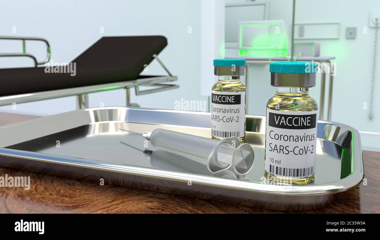 Sars-cov-2 coronavirus vaccine and injection syringe in a medical tray ...