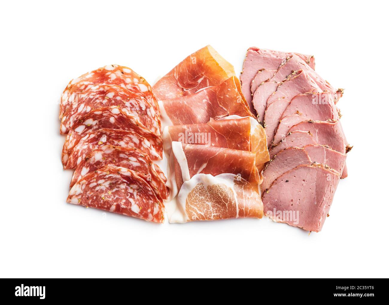 Sliced salami, prosciutto and roast beef isolated on white background