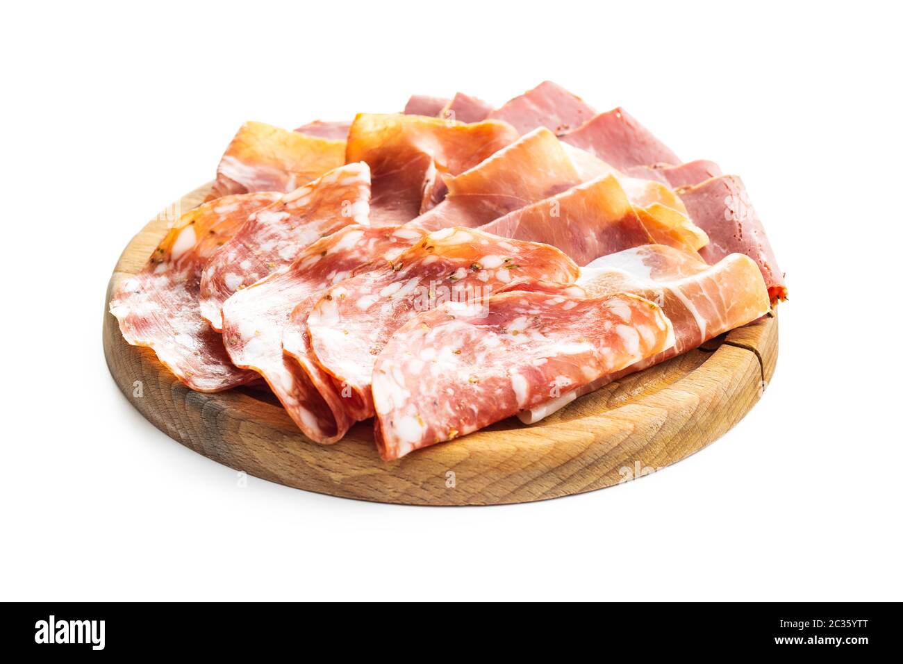 Sliced salami, prosciutto and roast beef isolated on white background