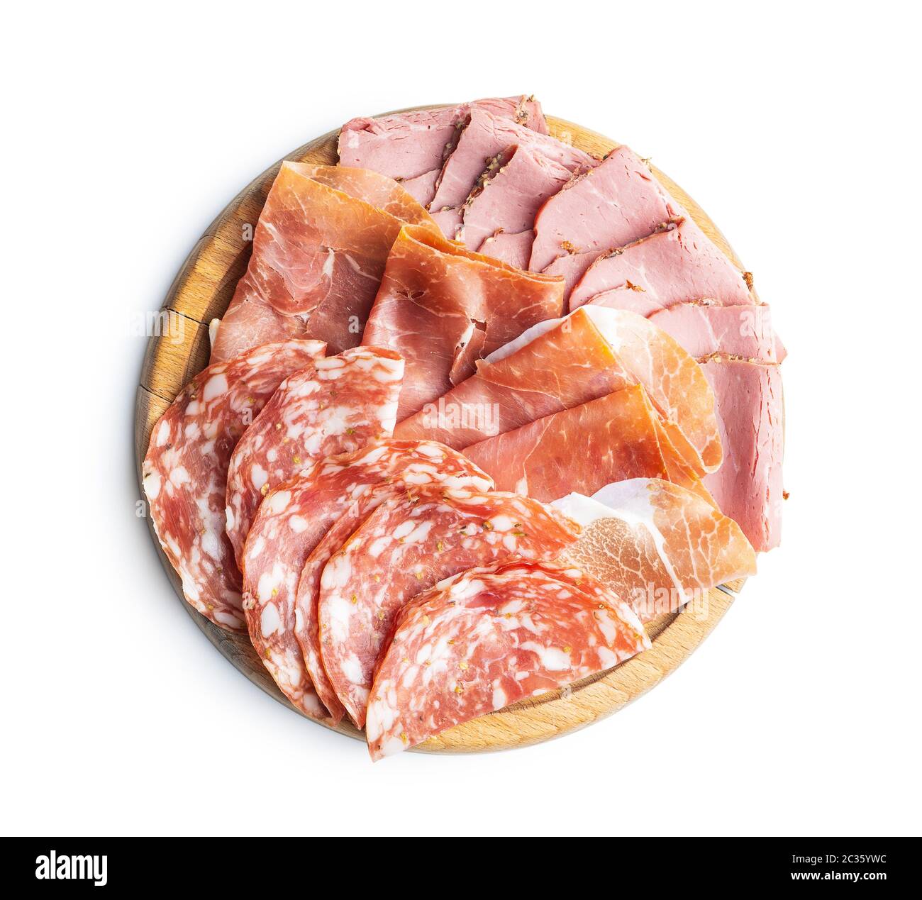 Sliced salami, prosciutto and roast beef isolated on white background