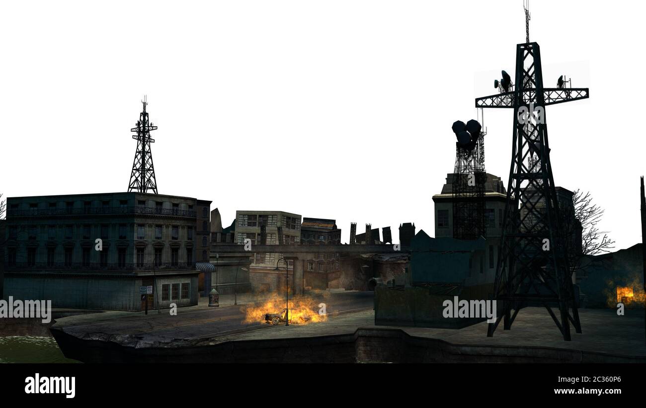 combat stage city with explosion Stock Photo