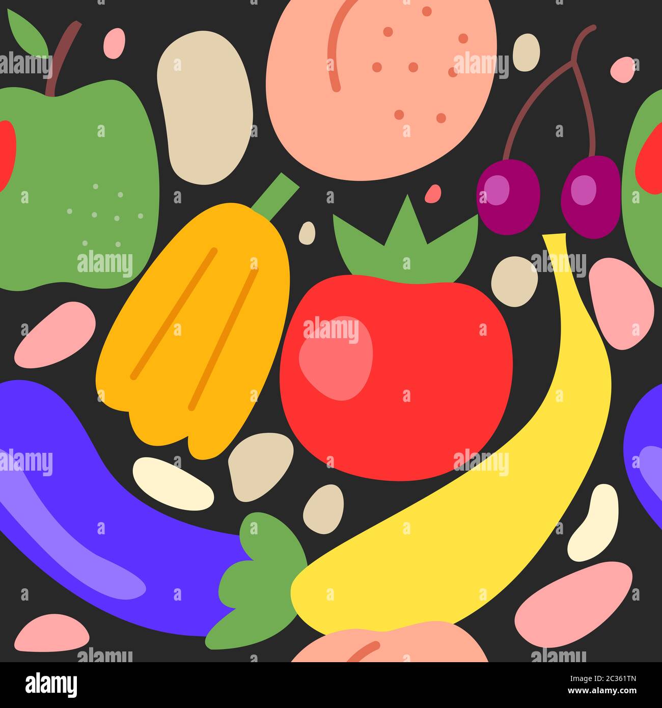 Fruit and vegetables seamless pattern, fruit doodles background, freehand style Stock Vector