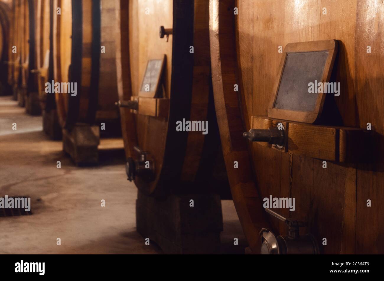 Historic cellar in Piedmont, Italy, with slavonian oak wooden barrels for the the aging of red wines Stock Photo
