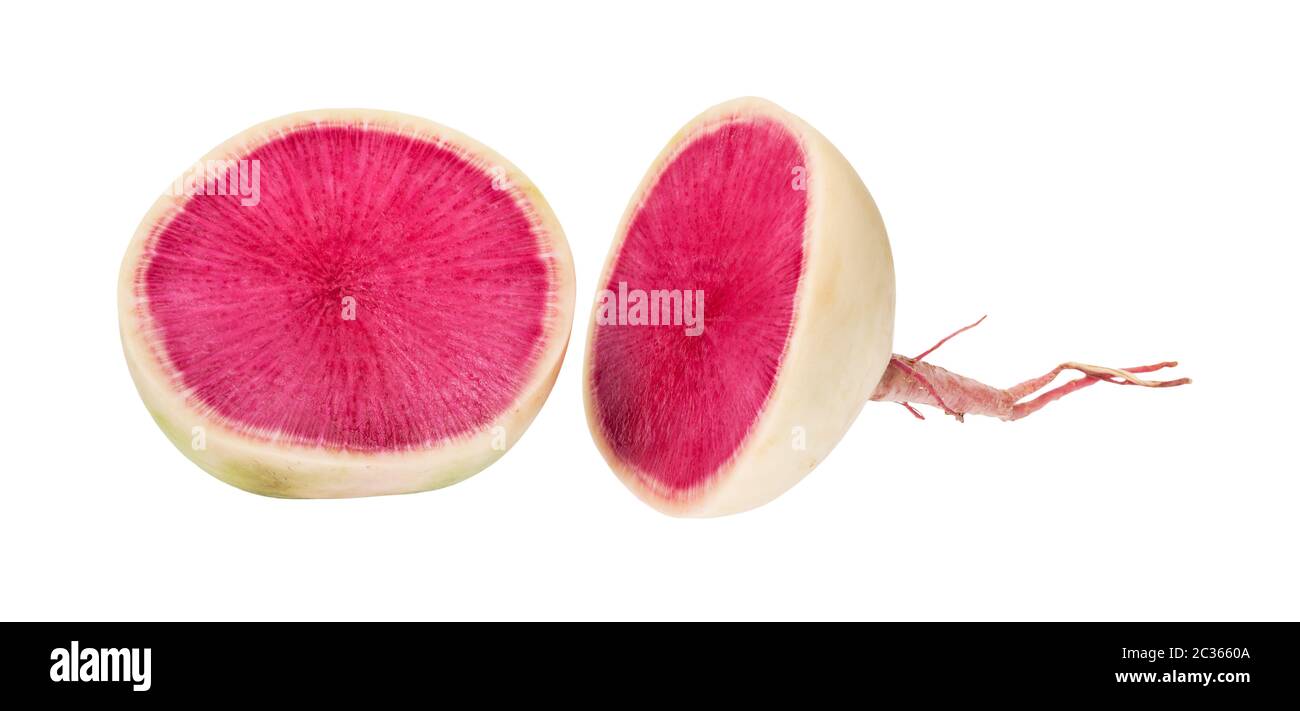 cut in half fresh watermelon radish isolated on white background Stock Photo