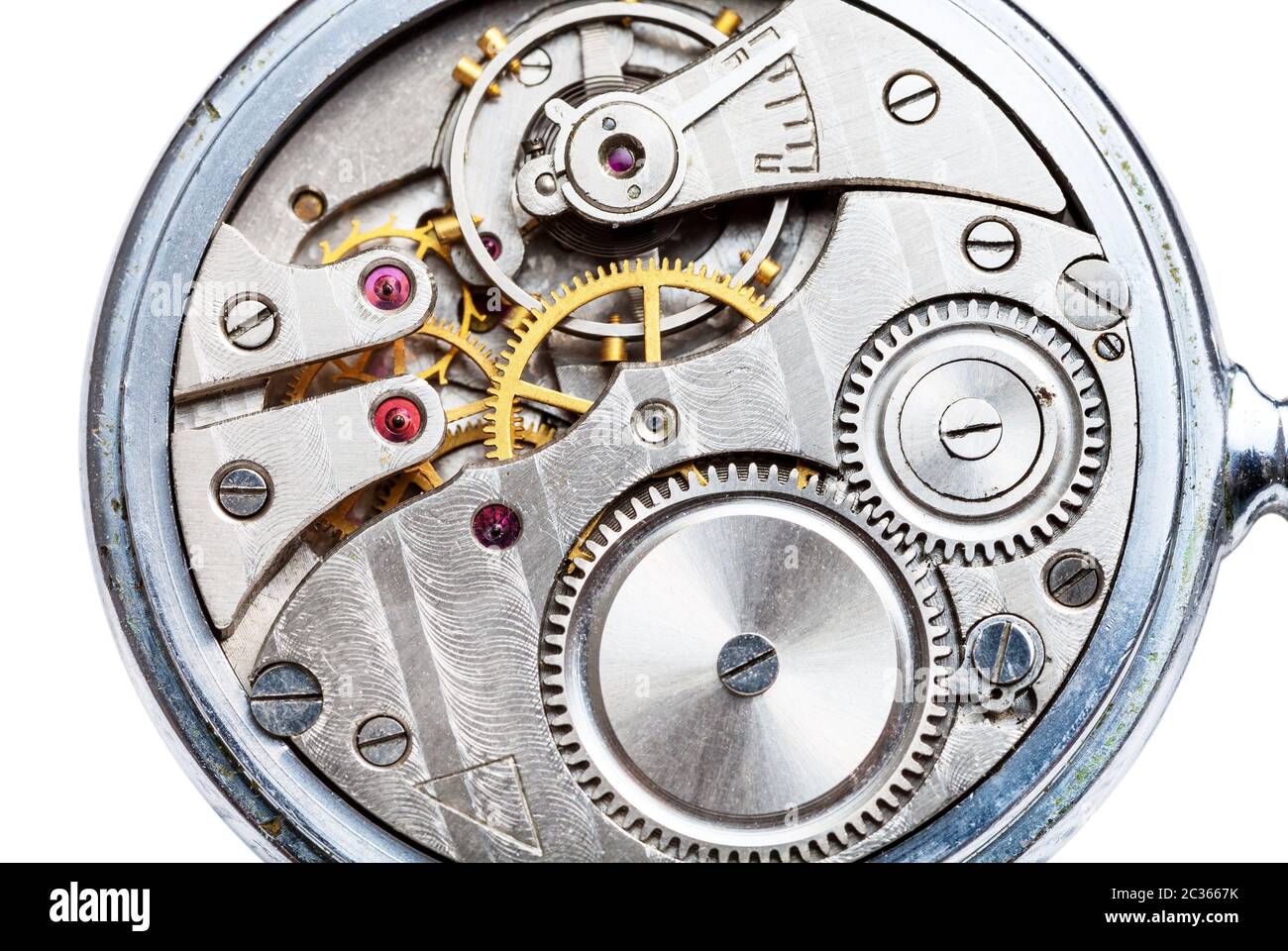 clockwork of mechanical Pocket watch close up isolated on white