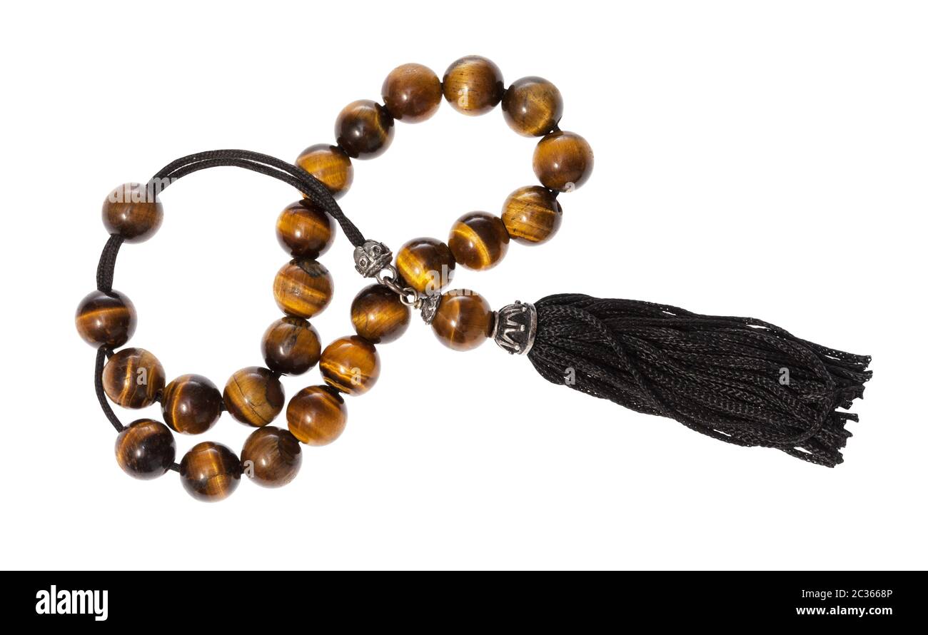 tangled worry beads from tiger's eye gemstones isolated on white background Stock Photo