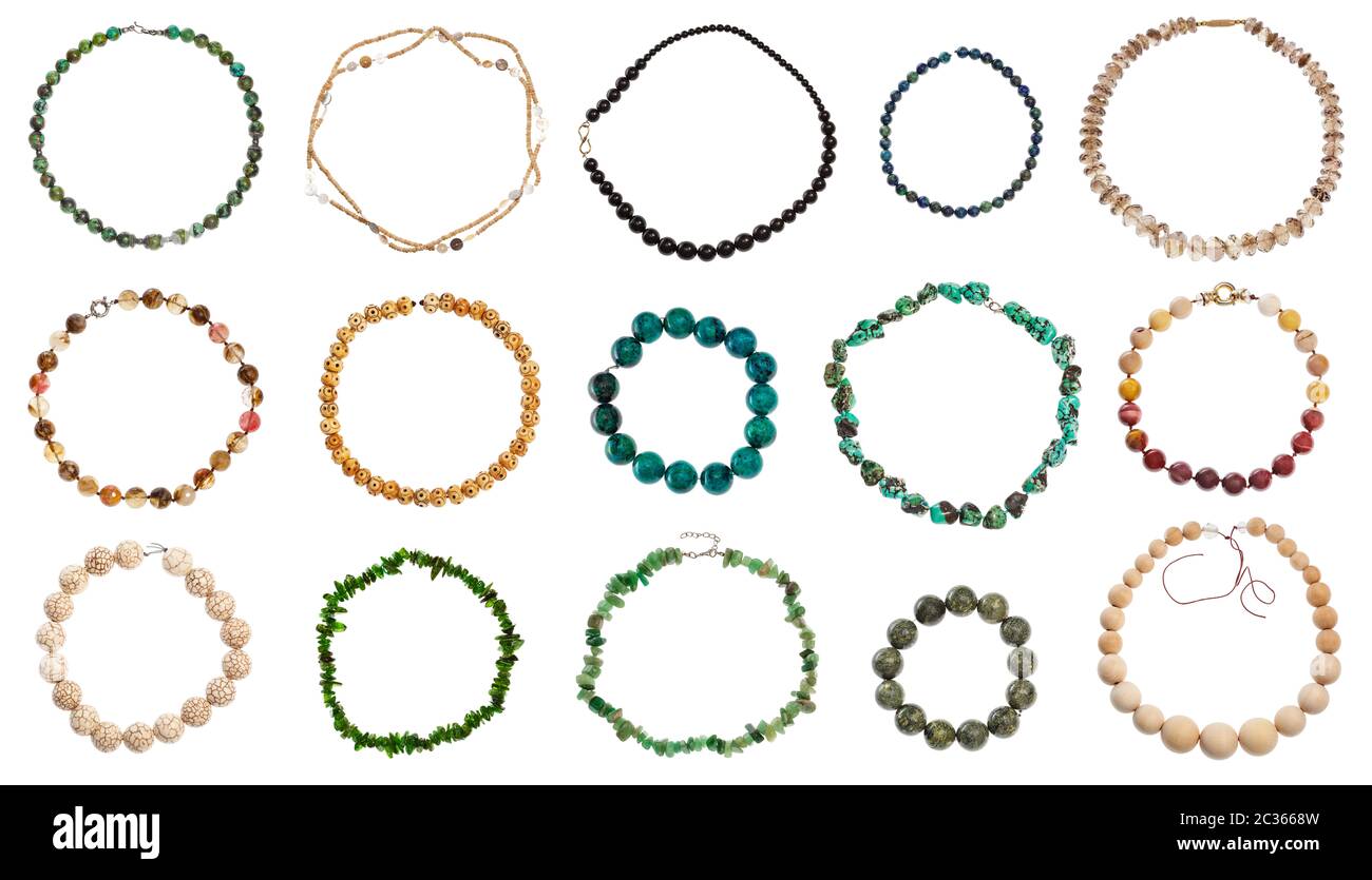 set of various round necklaces isolated on white background Stock Photo