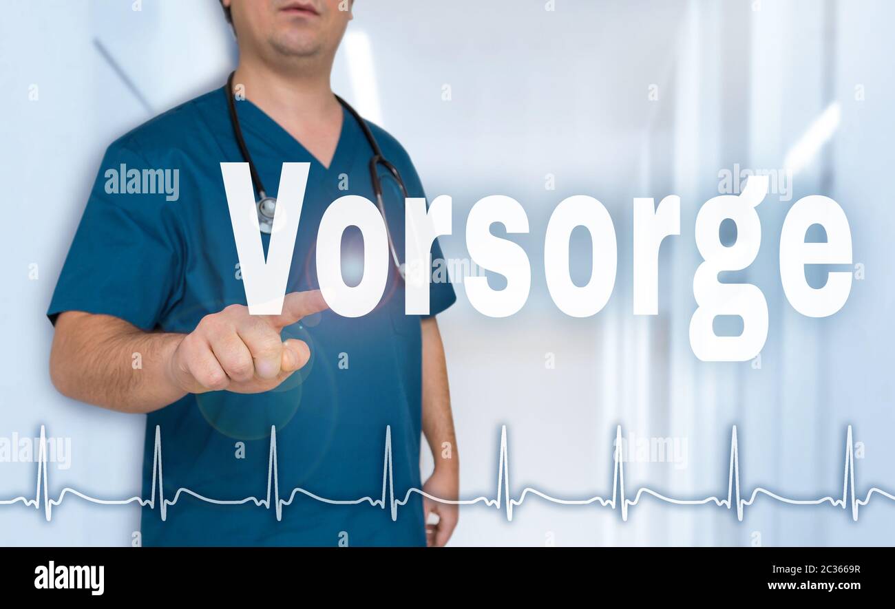 Vorsorge (in german Preventive) doctor shows on viewer with heart rate concept. Stock Photo